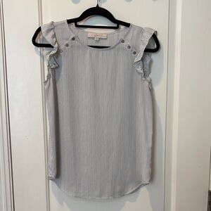 LOFT Navy and White Pinstripe Ruffle Blouse